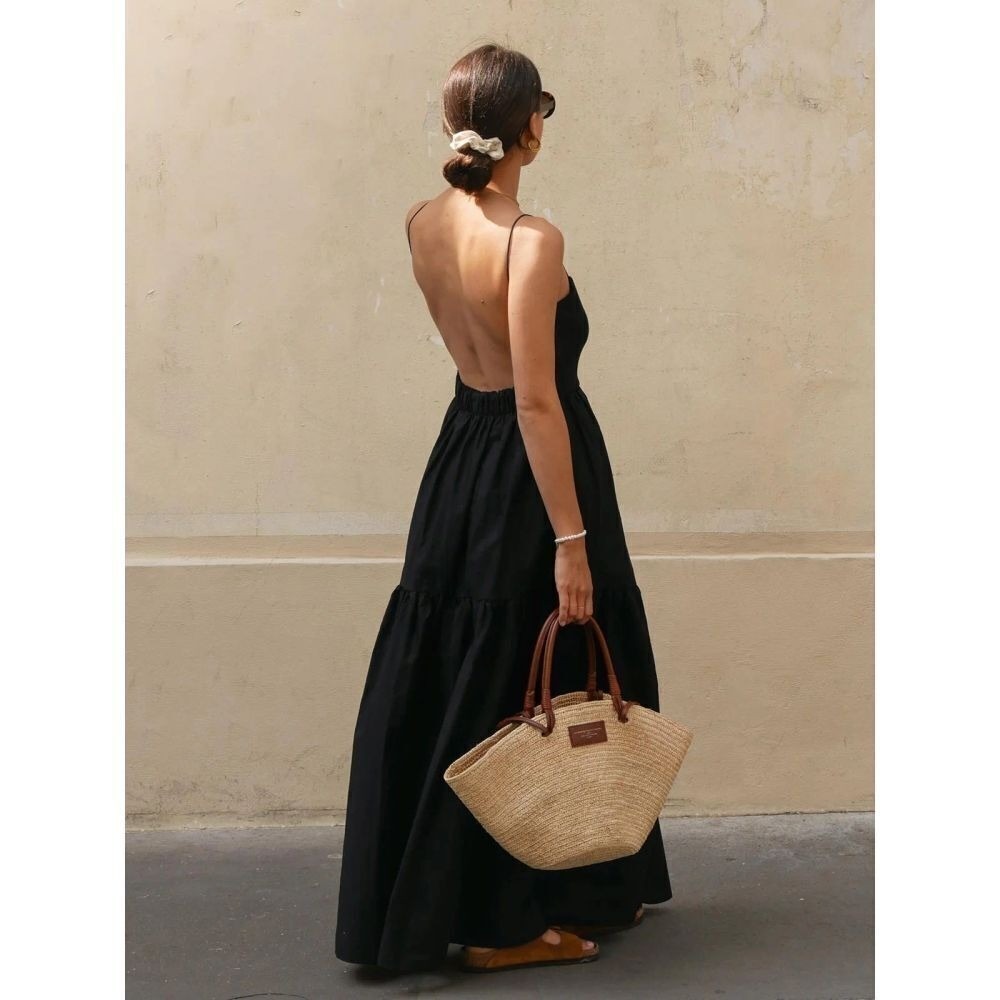 Commense Boho Pleated Solid Black Backless Tiered Evening Cocktail Maxi Dress XS